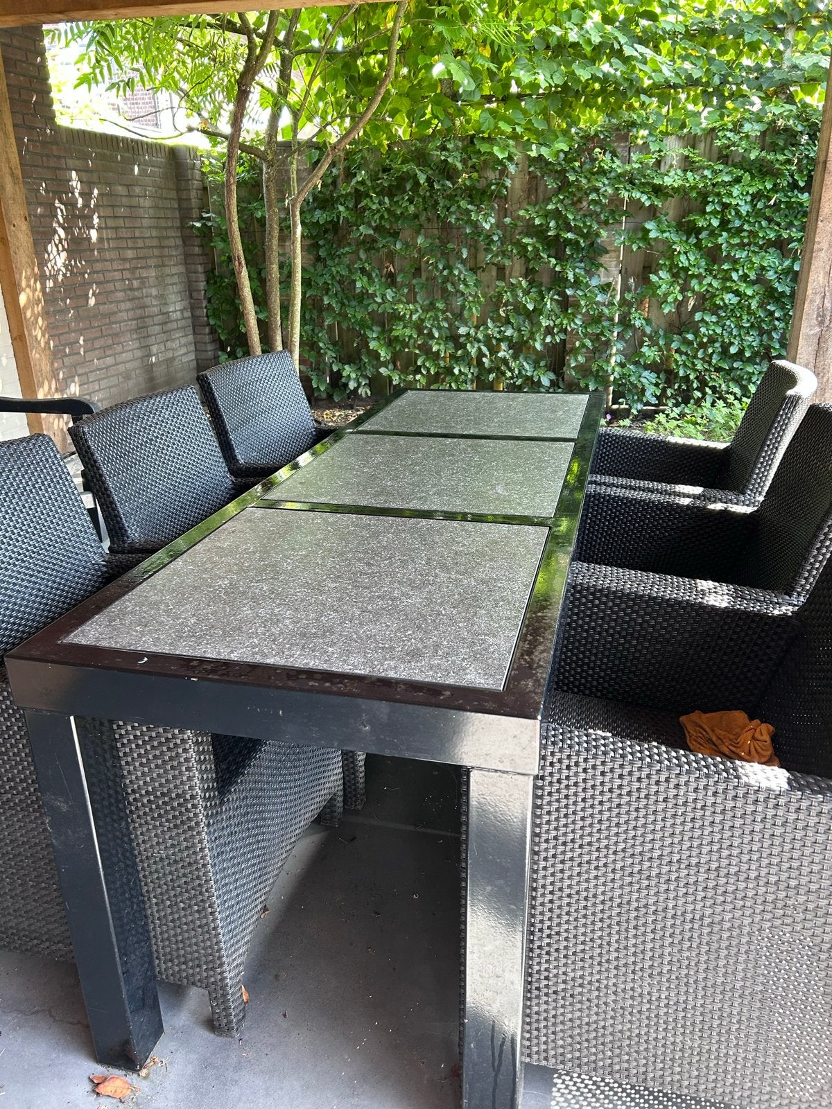 Tuintafel ijzer gepoedercoat met 3 hardstenen tegels, Tuin en Terras, Ophalen, Gebruikt, Rechthoekig, Metaal