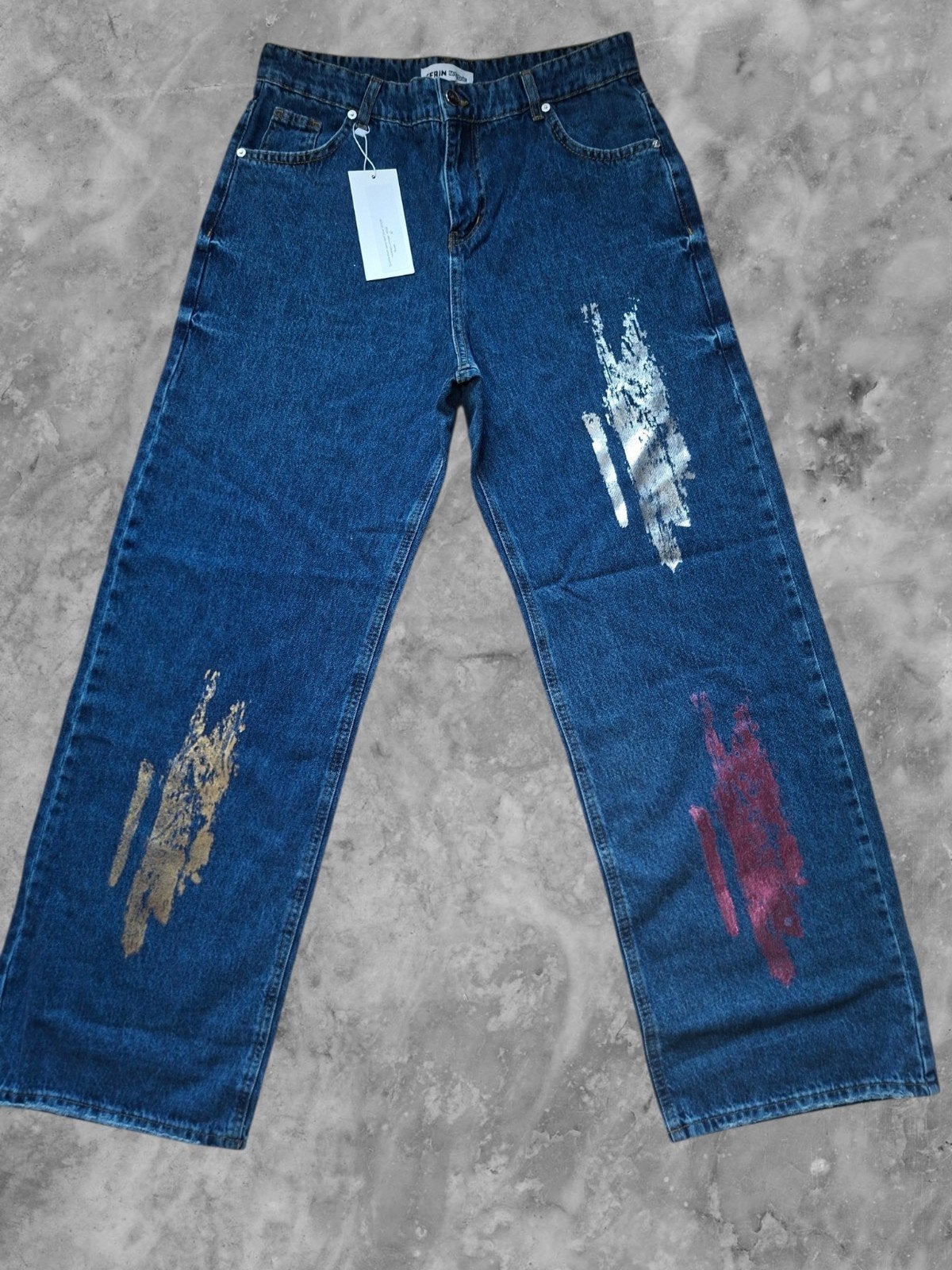 Spijkerbroek wijde pijpen jeans donkerblauw met verfprint ma, Blauw, Nieuw, Ophalen of Verzenden, Efrinmode