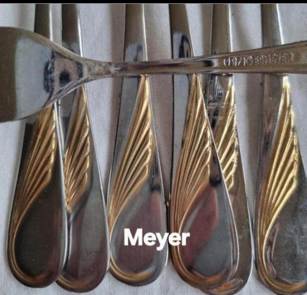 Meyer Duits bestek 18/10 dessert vorkjes gouden decor, Antiek en Kunst, Antiek | Bestek, Ophalen of Verzenden