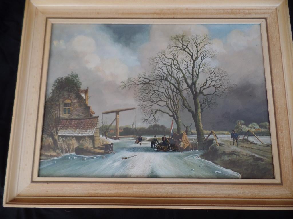 aquarel winterlandschap winter gesigneerd rietmeijer schaats, Ophalen of Verzenden