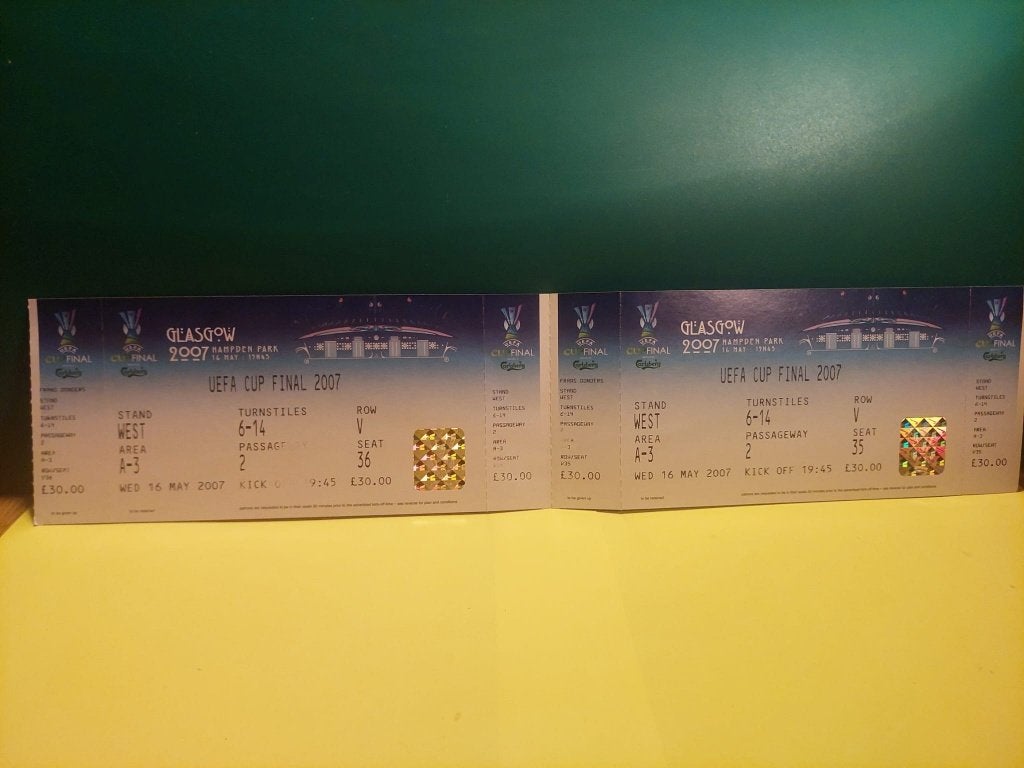 UEFA Cup Finale 2007 Glasgow Espanyol vs Sevilla – 4 Tickets, Drie personen of meer, Maart, Europa of Champions League