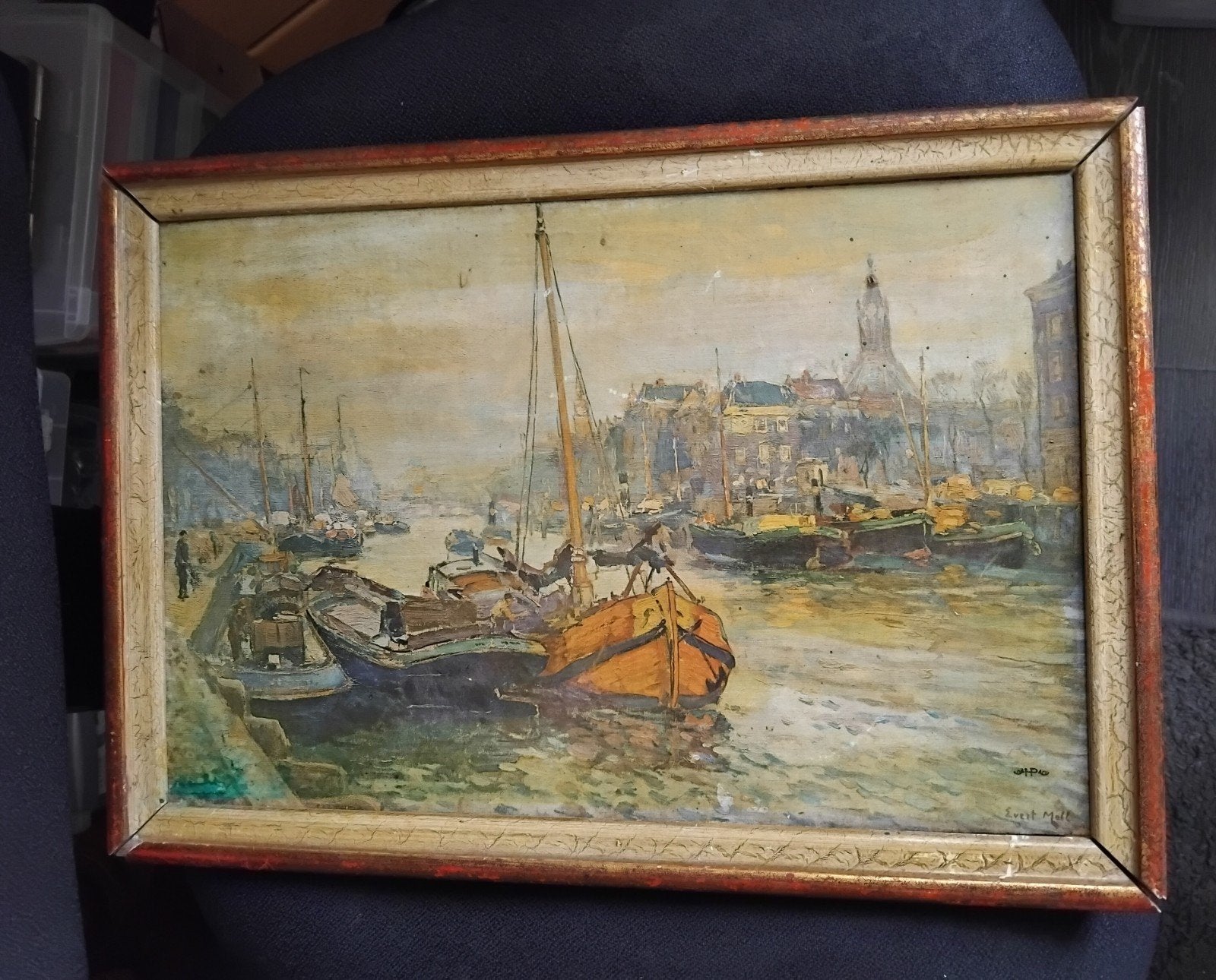 Olieverfschilderij havengezicht door evert moll, Antiek en Kunst, Ophalen of Verzenden