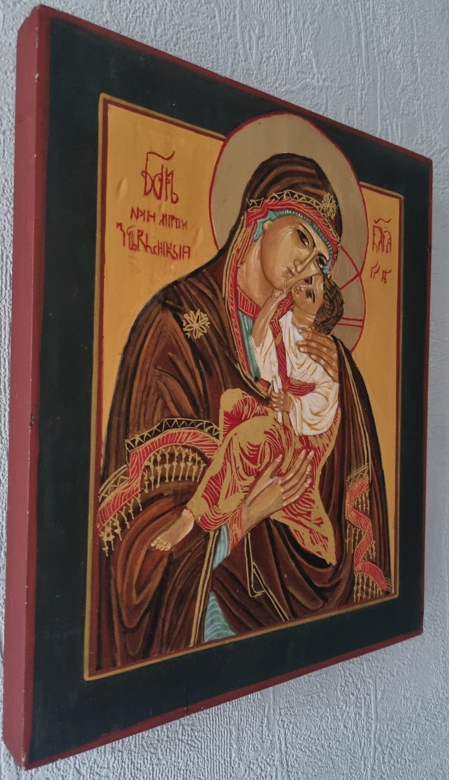 Byzantijnse Eleousa-traditie icoon"Tedere Moeder Gods", Antiek en Kunst, Antiek | Religie, Ophalen of Verzenden