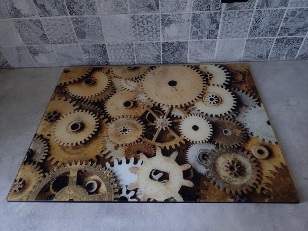 Glazen inductie afdekplaat 70x52 cm - Tandwiel design, Ophalen, Nieuw, Meerkleurig, Glas