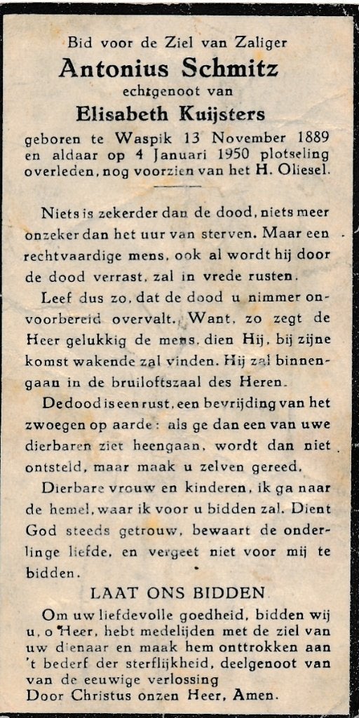 Schmitz Antonius 1889 Waspik 1950, Ophalen of Verzenden, Bidprentje