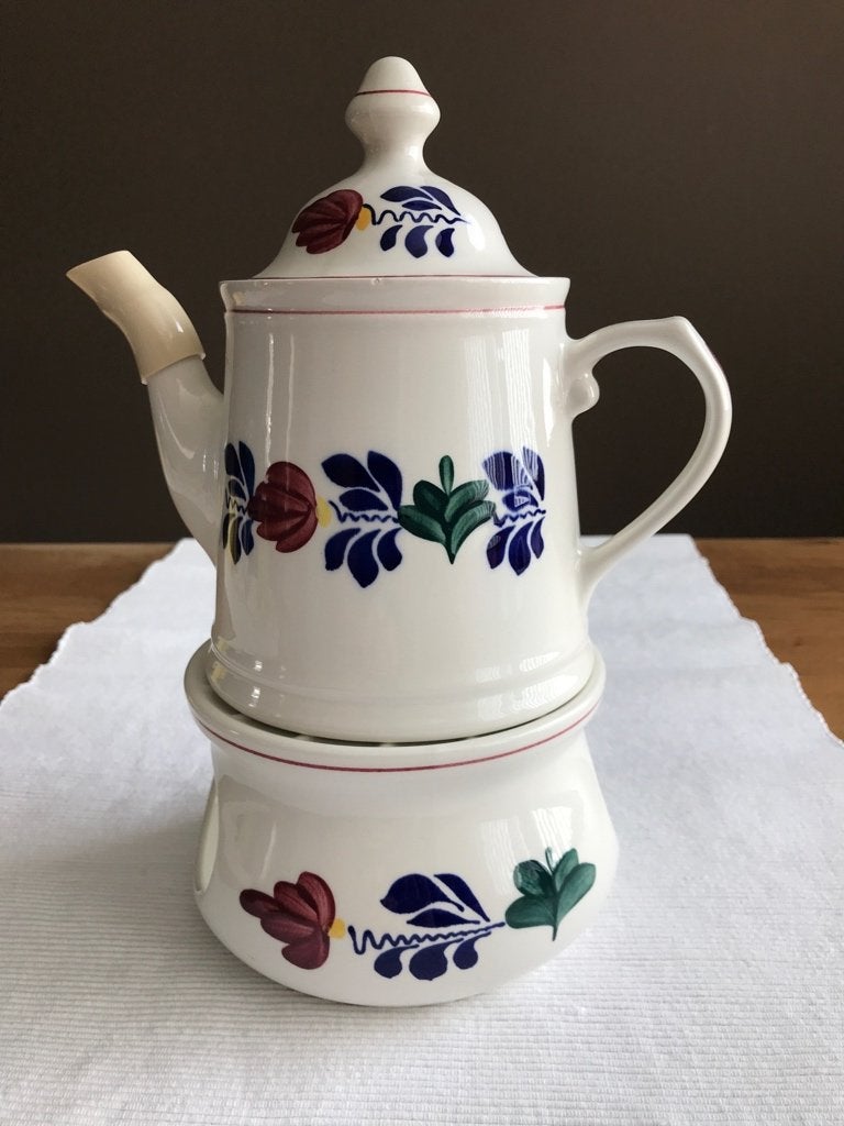 Boerenbont Koffiepot met rechaud en schenktuit., Overige merken, Ophalen of Verzenden, Zo goed als nieuw, Aardewerk
