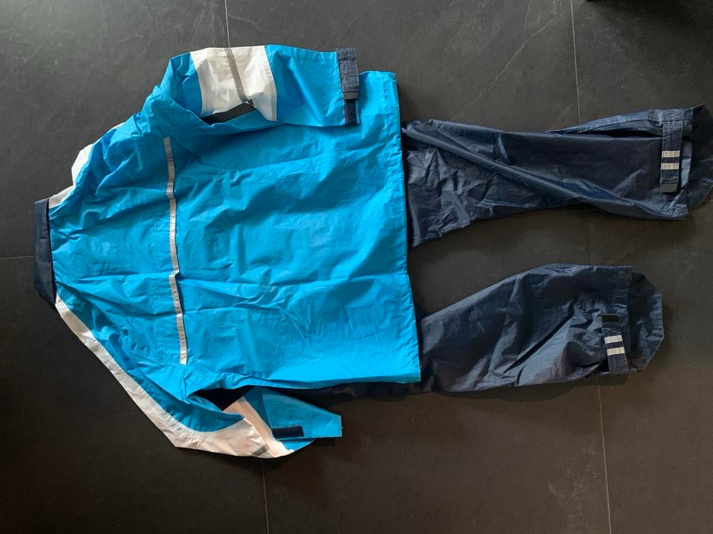 Blauw regenpak (jas en broek) met reflecterende strepen, Ophalen of Verzenden, Gebruikt, Jongen of Meisje, Setje