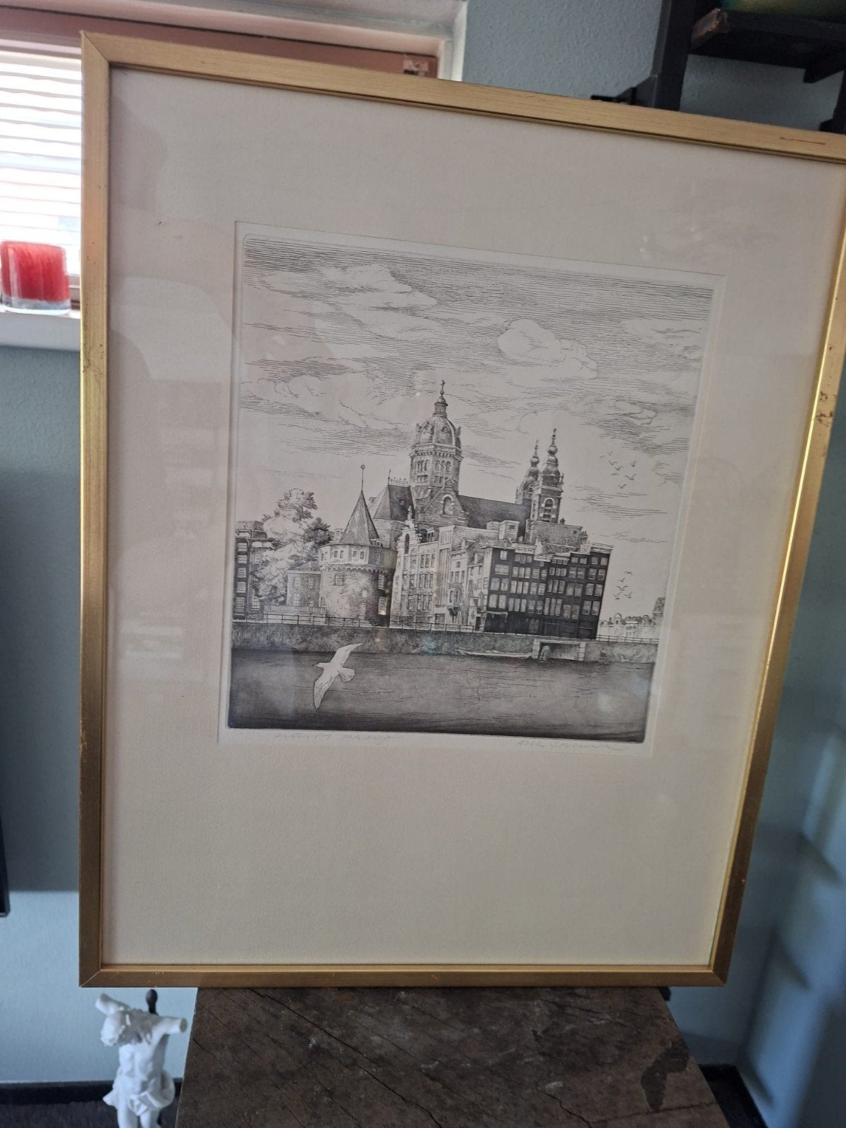 Ingelijste Ets van de Sint-Bavokerk in Haarlem, Ingelijst, Stadsgezicht, Ophalen of Verzenden, 1950 - 1999