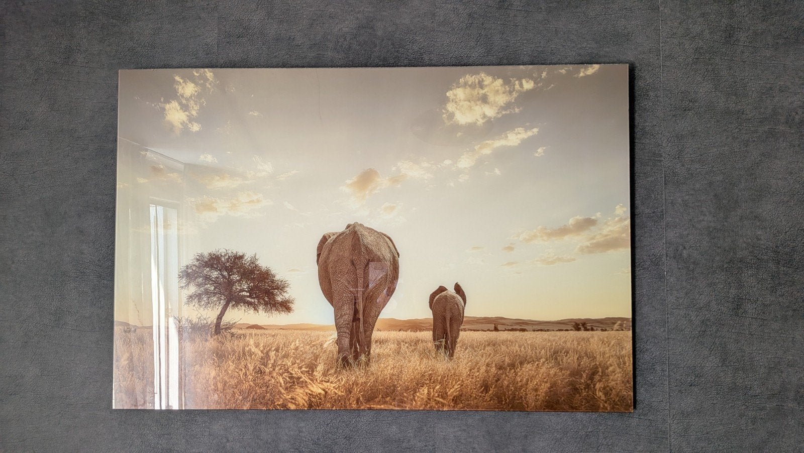 Prachtige wanddecoratie olifanten in de savanne, Ophalen, Zo goed als nieuw, 75 tot 100 cm, Foto of Poster