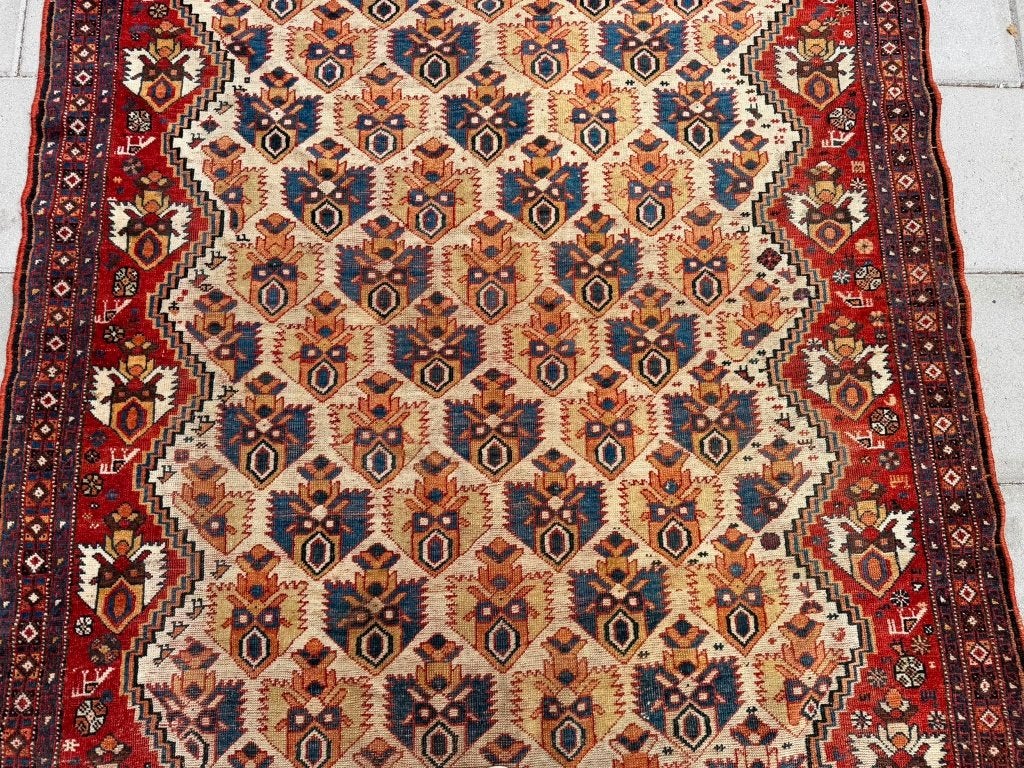Zeldzaam antiek Qashqai tapijt –180x133cm– meer dan 100 jaar, Gebruikt, 100 tot 150 cm, Wol, Geel