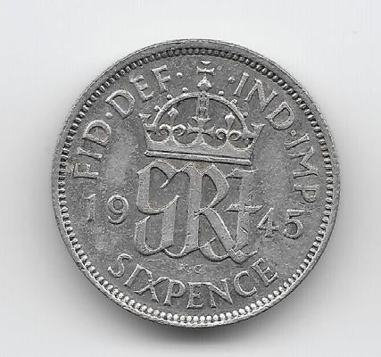 Verenigd Koninkrijk 6 pence 1945 KM# 852, Verzenden, Overige landen, Losse munt, Zilver