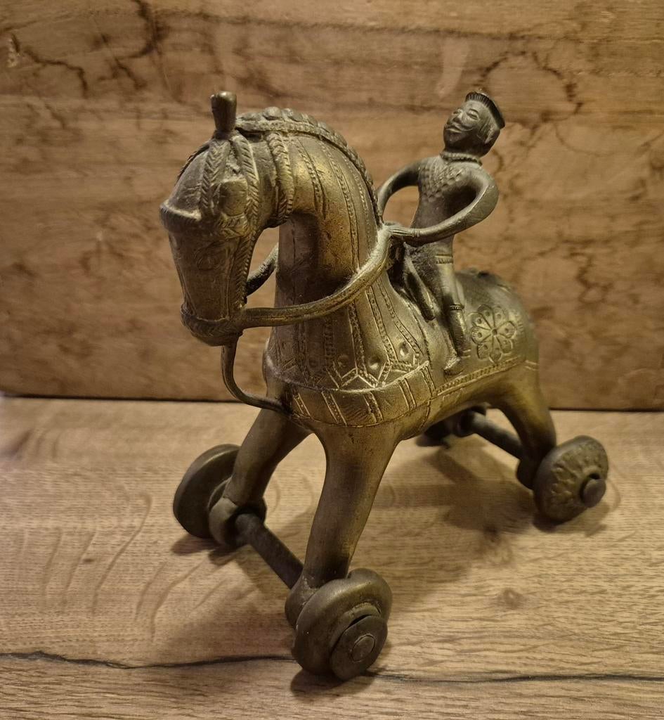 Bronzen paard met ruiter op wielen, jaren '70, Antiek en Kunst, Ophalen of Verzenden