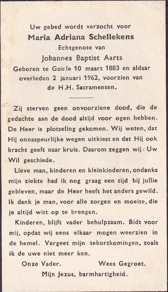 Schellekens Maria 1883 Goirle 1962, Ophalen of Verzenden, Bidprentje