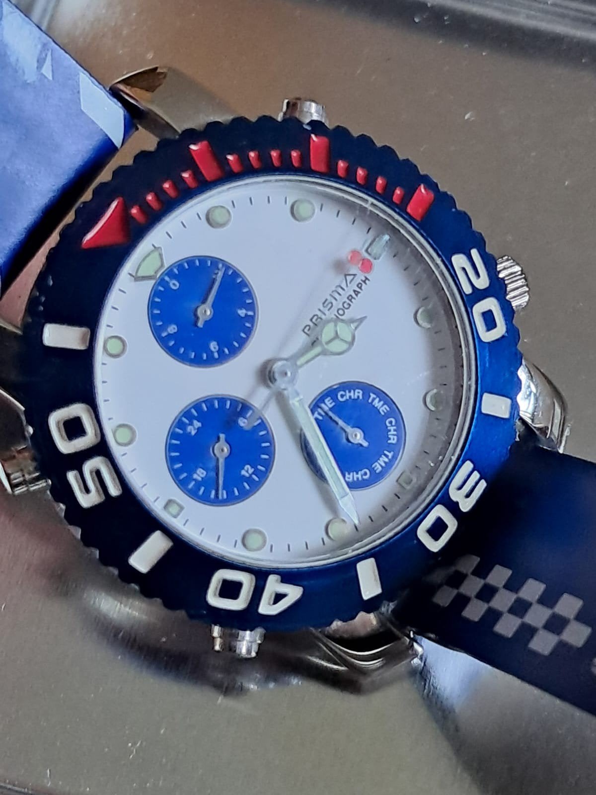 Prisma racing chronograph ZGAN horloge, Ophalen of Verzenden, Zo goed als nieuw, Blauw, Jongen of Meisje