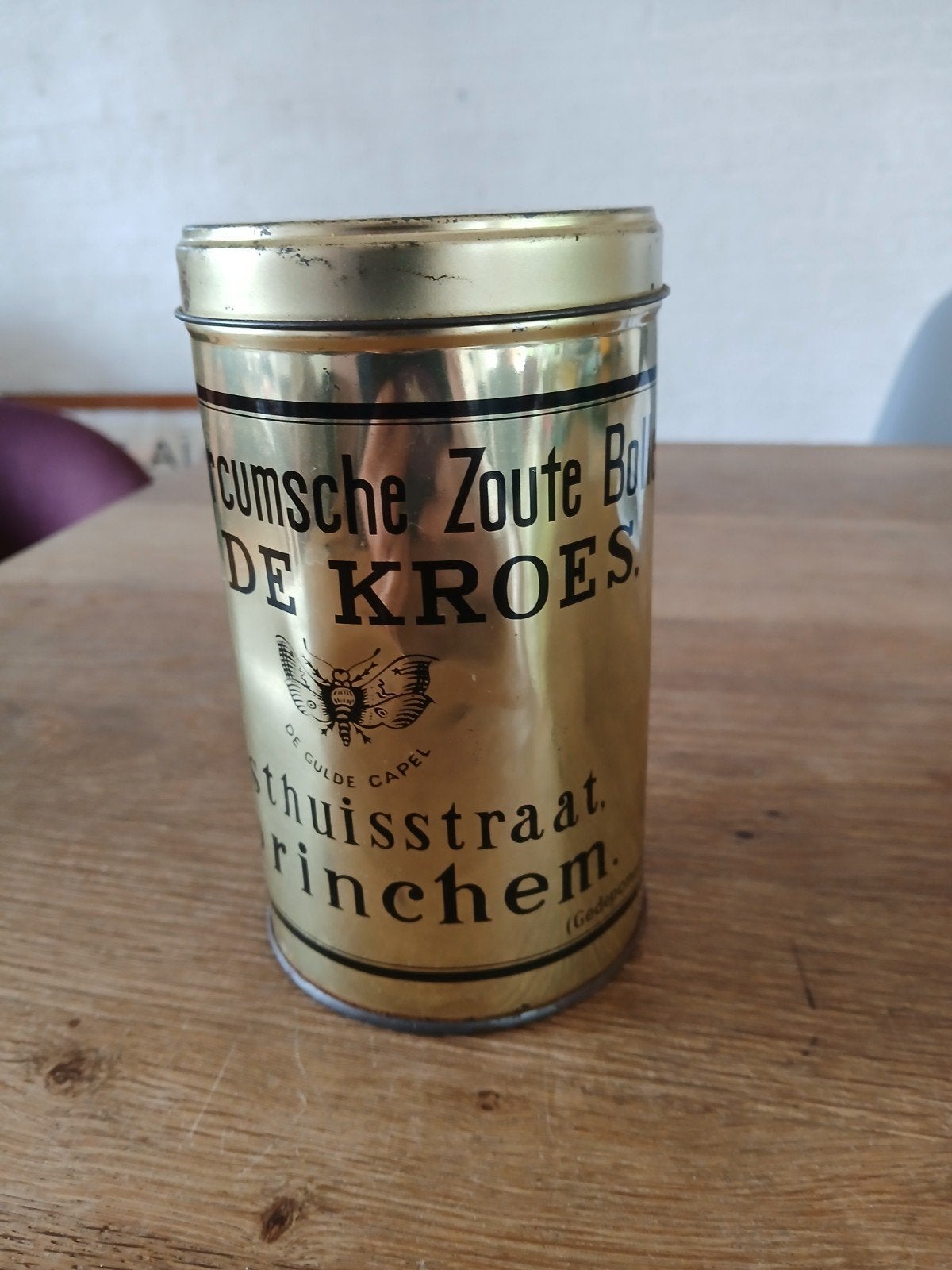 Vintage blikken bus De Kroes - Goudkleurig, Ophalen of Verzenden, Gebruikt, Overige