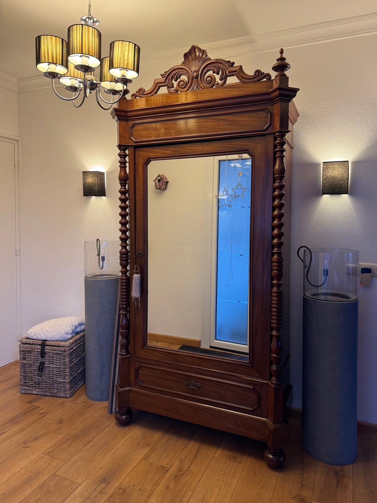 Antieke Mahonie Kast met Spiegeldeur en Lade, Antiek en Kunst, Ophalen