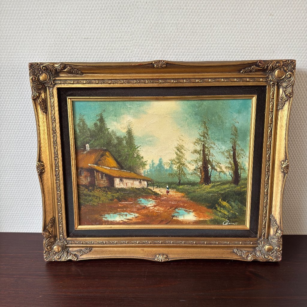 Vintage Bos Schilderij in Barokke Gouden Passe Partout Lijst, Ophalen of Verzenden, Ingelijst, Landschap, Doek