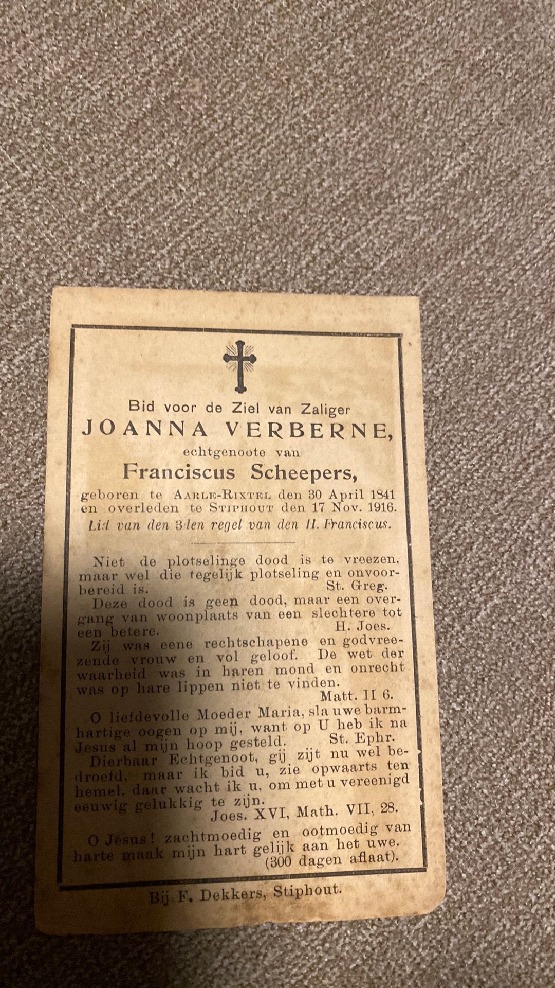 J Scheepers - Verberne 1841 Aarle-Rixtel 1916 Stiphout, Ophalen of Verzenden
