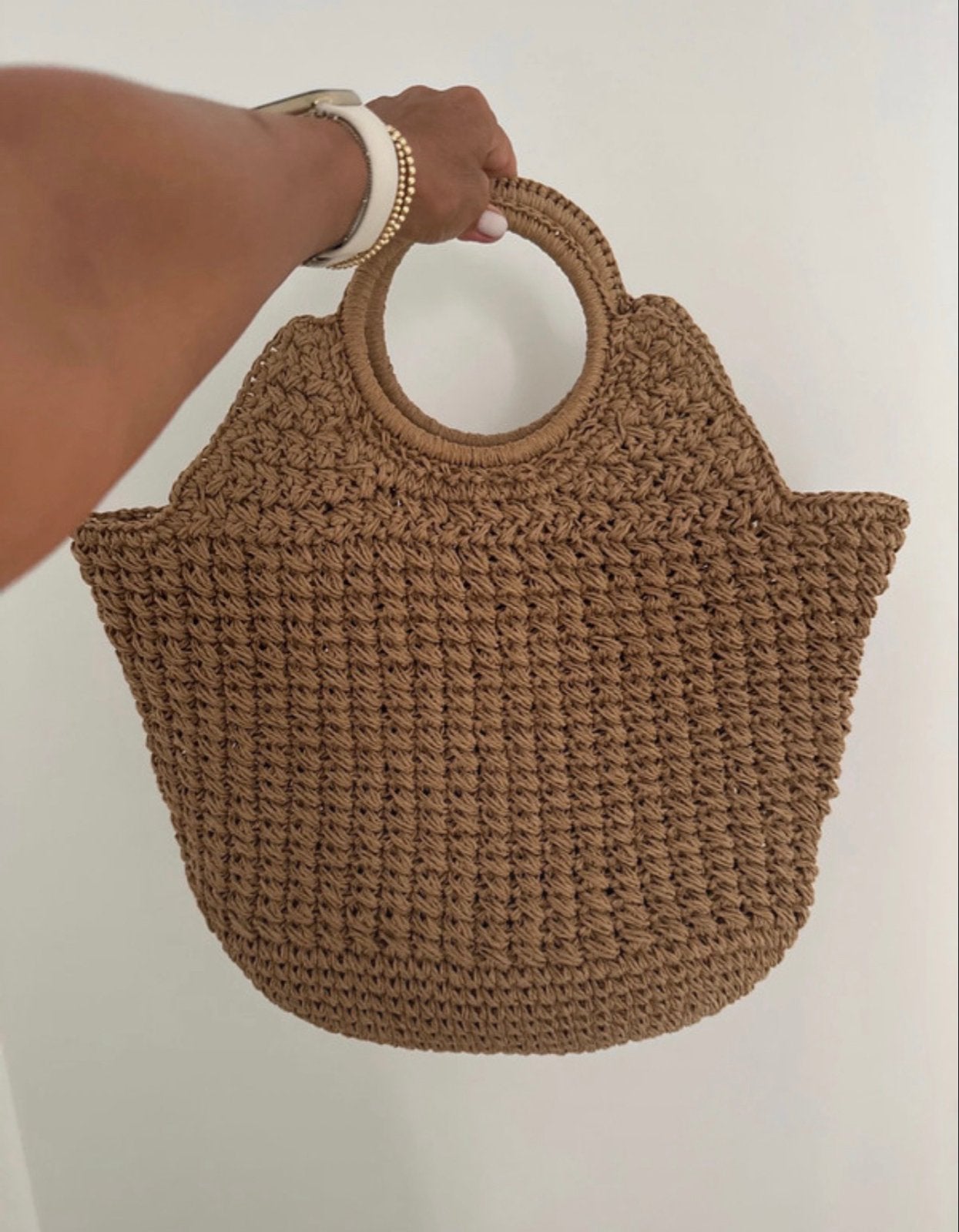 Stro tas met ronde handvatten, Verzenden, Zo goed als nieuw, Bruin, Handtas