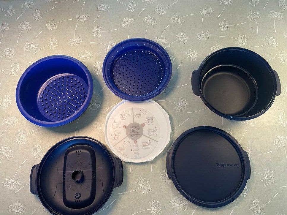 Tupperware Microgolf Stomer Set - Blauw/Wit, Blauw, Overige typen, Ophalen of Verzenden, Zo goed als nieuw