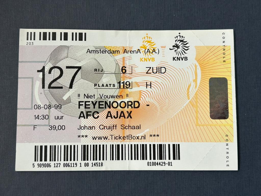 kaartje Feyenoord-Ajax 8-8-1999 Johan Cruyff schaal, Verzamelen, Verzenden, Gebruikt, Feyenoord