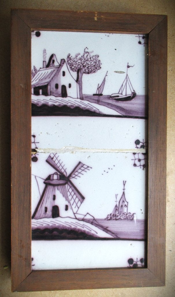 Tegels Mangaan in Lijst~Molen~Zeilboot~Wandtegels, Antiek en Kunst, Antiek | Wandborden en Tegels, Ophalen of Verzenden