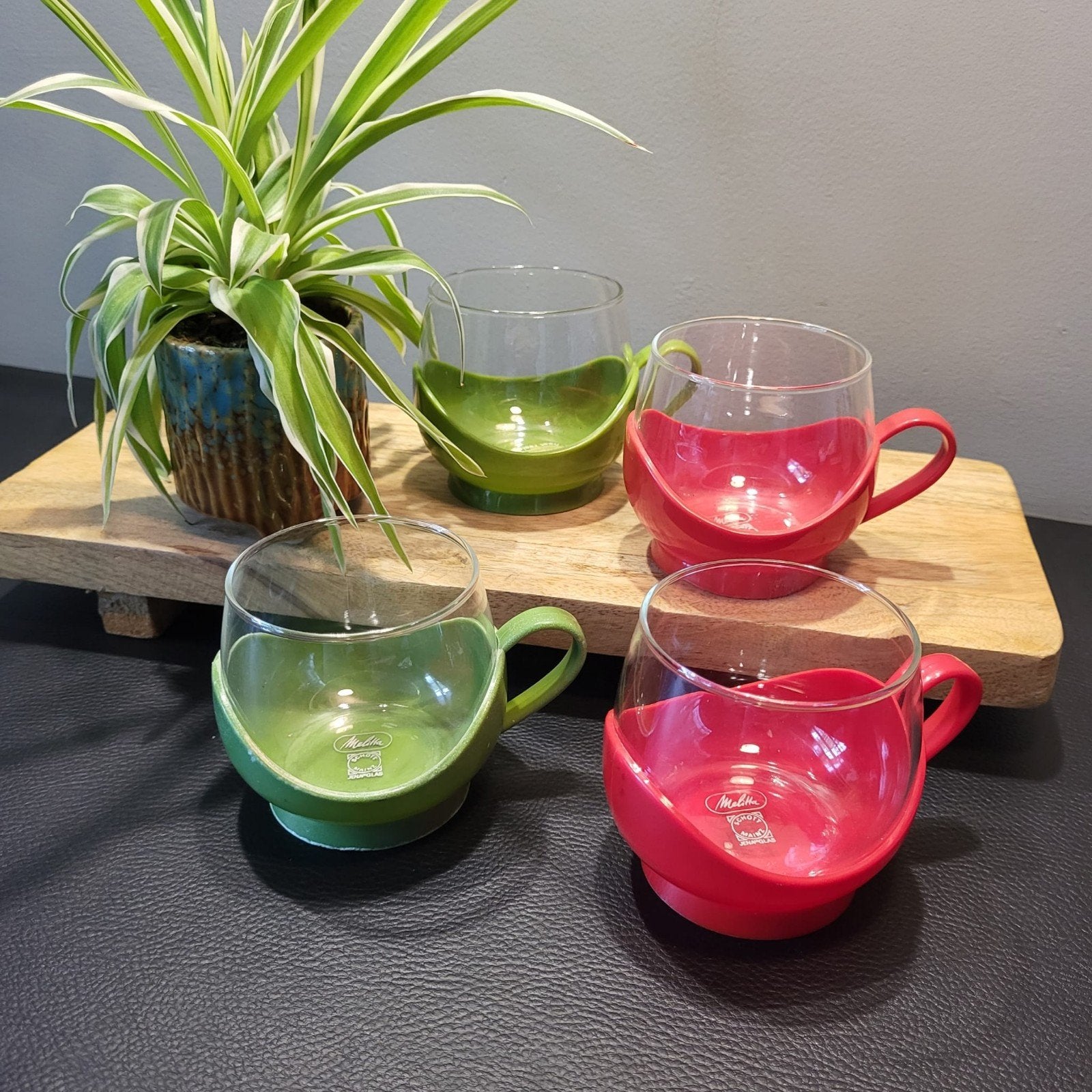 Melitta theeglazen in plastic houder, Mainz Scott, Ophalen of Verzenden, Overige merken, Groen, Glas