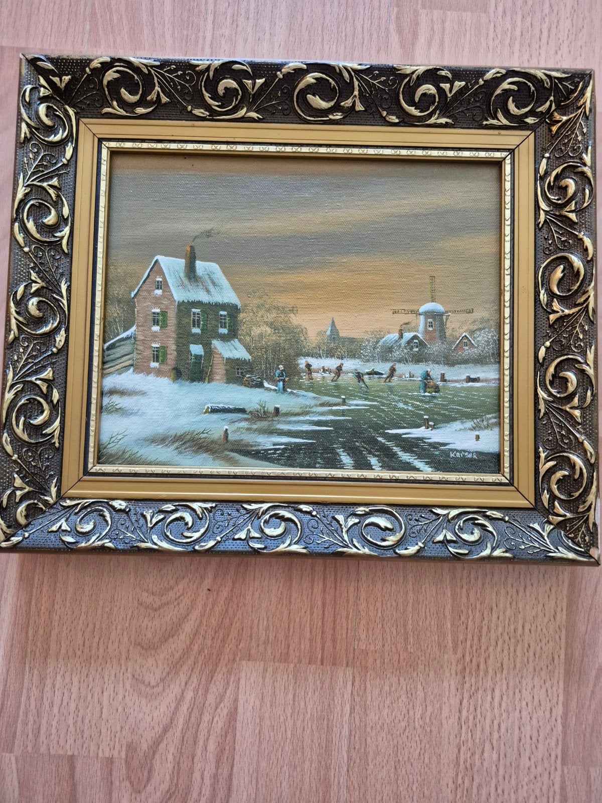 Schilderij Winterlandschap met Schaatsers, Ingelijst, Doek, Ophalen of Verzenden, Olieverf