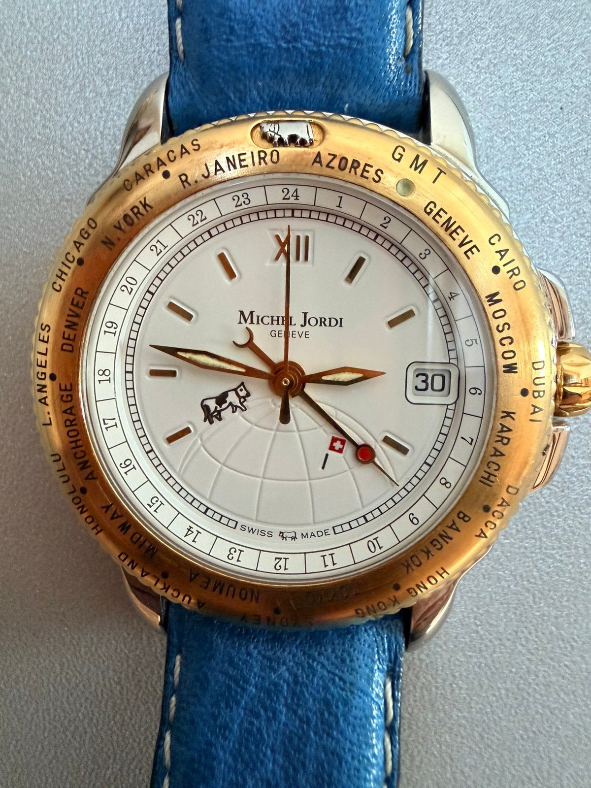 Michel Jordi Gmt "top of the world" swissair exclusive, Ophalen of Verzenden, Zo goed als nieuw, Leer, Overige merken
