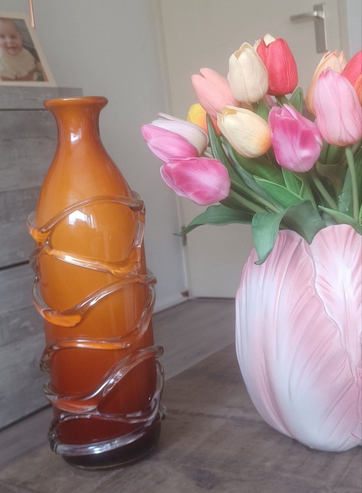Grote Murano art vaas oker/oranje met glasdraden, Antiek en Kunst, Ophalen of Verzenden