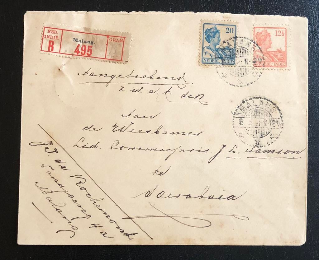 NL Indië brief (R) aangetekend Malang Soerabaja 1928, Postzegels en Munten, Brieven en Enveloppen | Nederland, Ophalen of Verzenden
