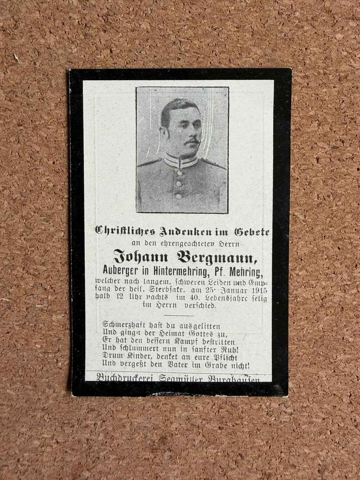 Duits Bidprentje WO1 - Soldaat Foto 1915, Verzamelen, Ophalen of Verzenden, Landmacht, Duitsland, Foto of Poster