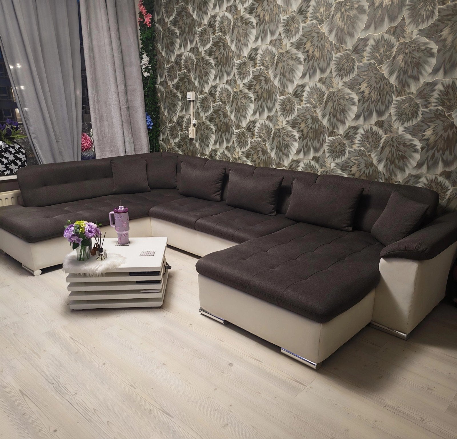 Ruime U-bank + salontafel + sierkussens | Antraciet, Huis en Inrichting, Ophalen, Leer, 100 tot 125 cm, Hoekbank