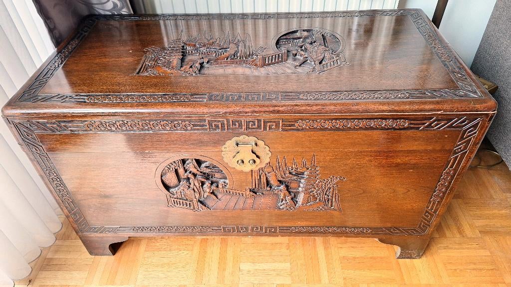 GROTE DEKENKIST - ANTIEK - CHINEES HOUTSNIJWERK, Ophalen, Gebruikt, 100 tot 150 cm, 50 tot 75 cm