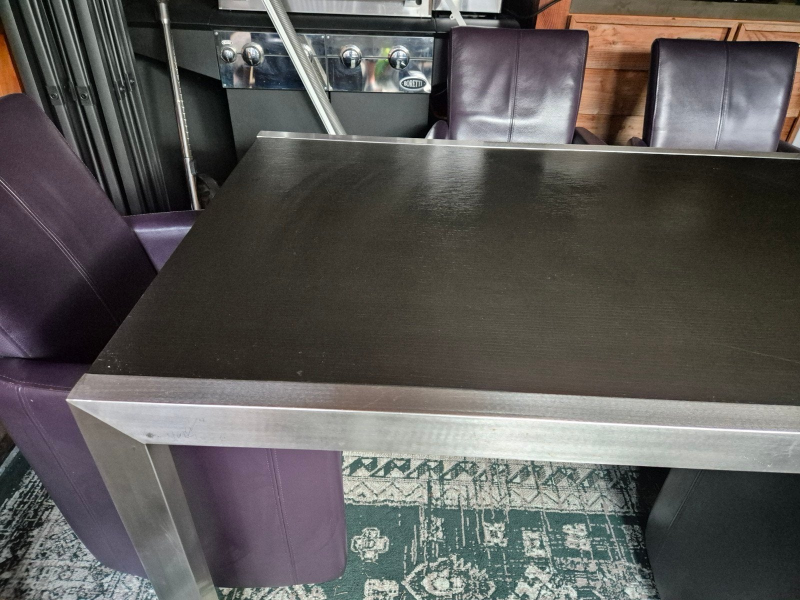 Complete eethoek: paarse leren stoelen en RVS tafel, Ophalen, Gebruikt, 4 tot 6 stoelen