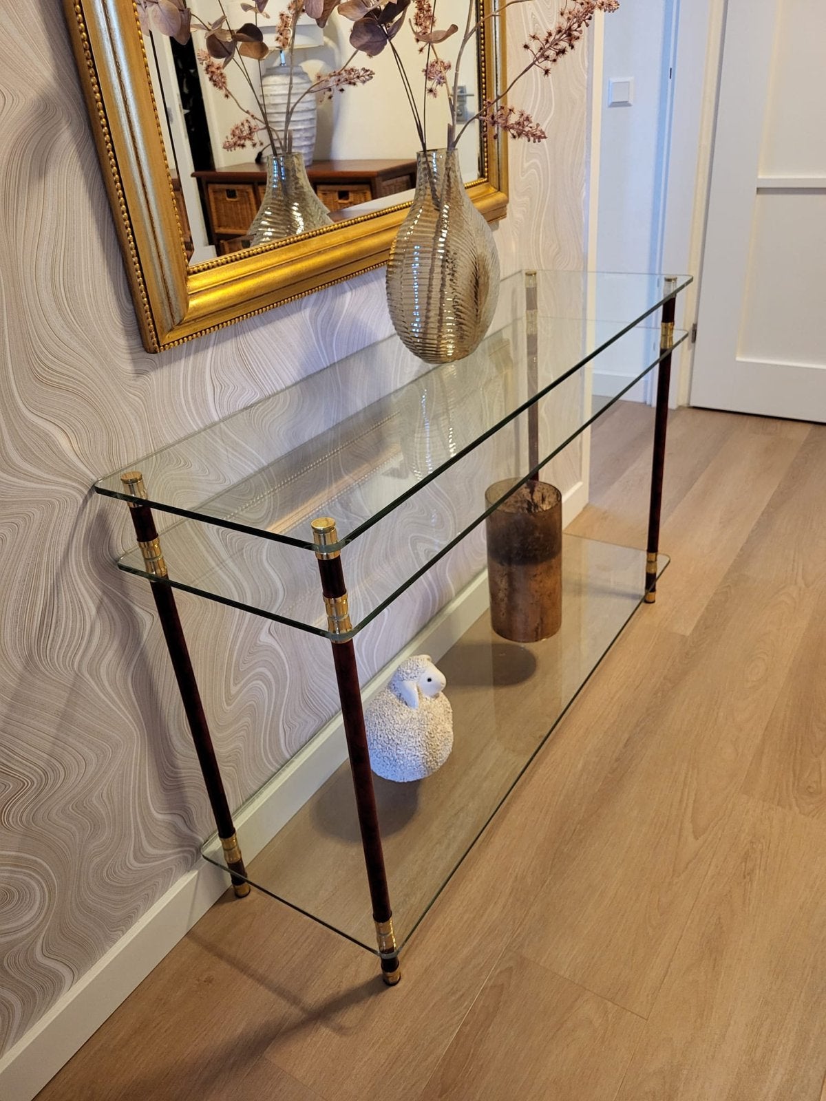 Glazen sidetable / consoletafel met messing details, Ophalen, Gebruikt, 100 tot 150 cm, Glas