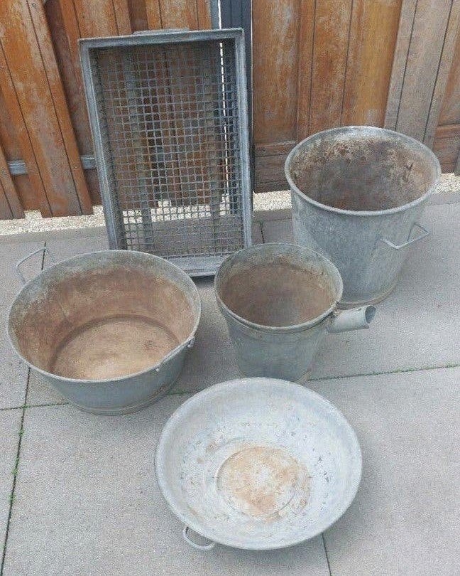 Set vintage zinken emmers schalen en roosterbak, Ophalen, Gebruikt, Minder dan 60 cm, Metaal