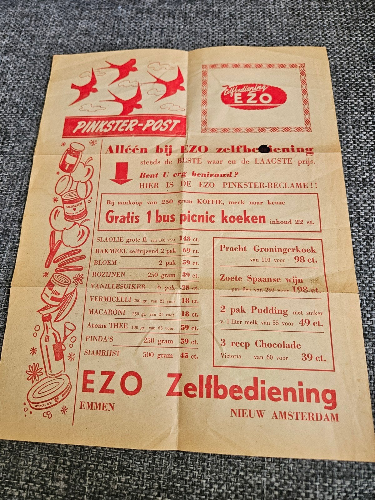 Oude EZO Pinkster-Post Reclamefolder (ca. 1940-1960), Boeken, Verzenden, Gelezen, Folder