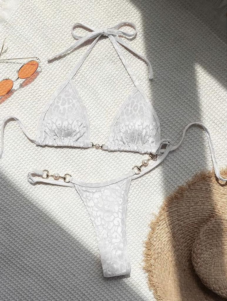 Witte luipaard bikini met parels, Kleding | Dames, Badmode en Zwemkleding, Verzenden, Nieuw, Wit, Bikini