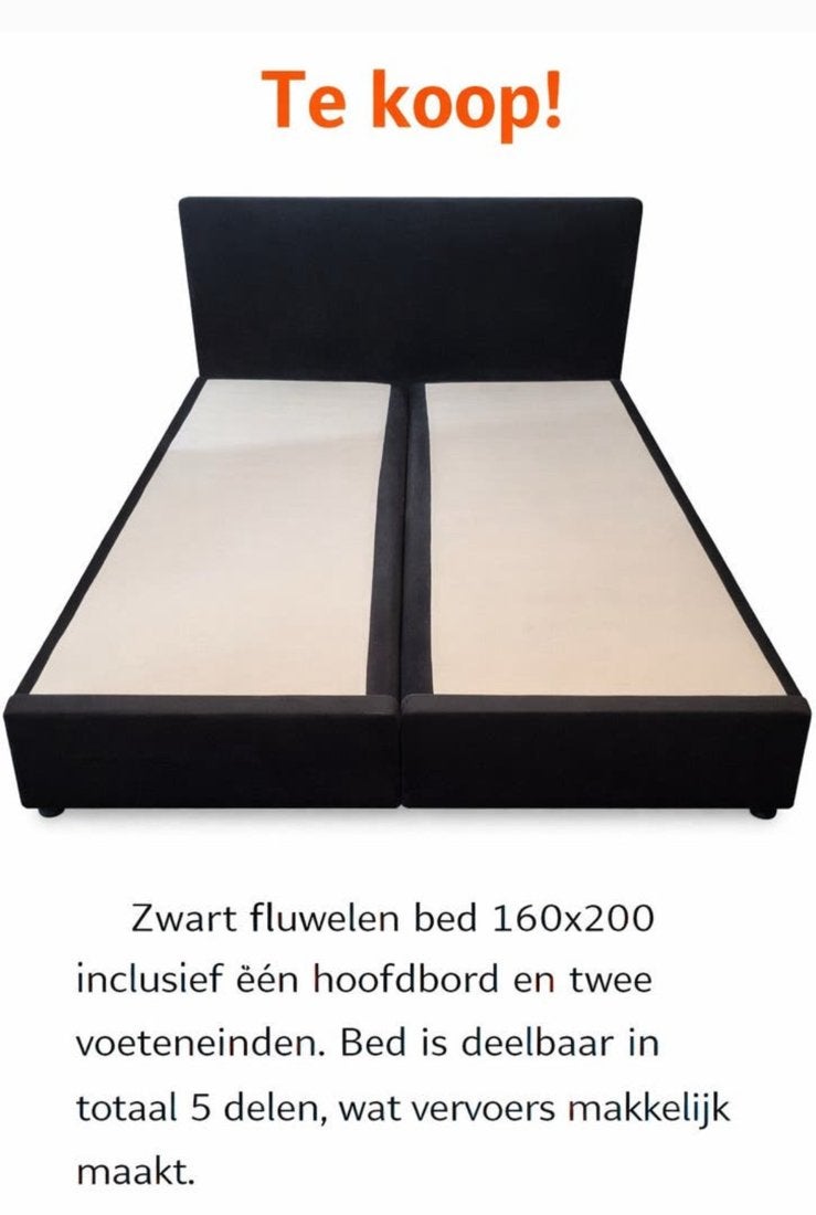 Zwart fluwelen bed 160x200 met hoofdbord en voeteneinden, Ophalen, Gebruikt, Zwart, Tweepersoons