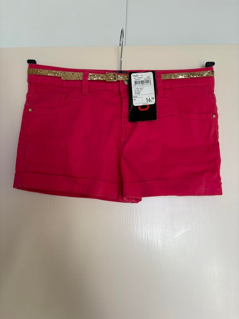 Roze korte broek met gouden riem, maat 152, Ophalen of Verzenden, Nieuw, Meisje, Broek