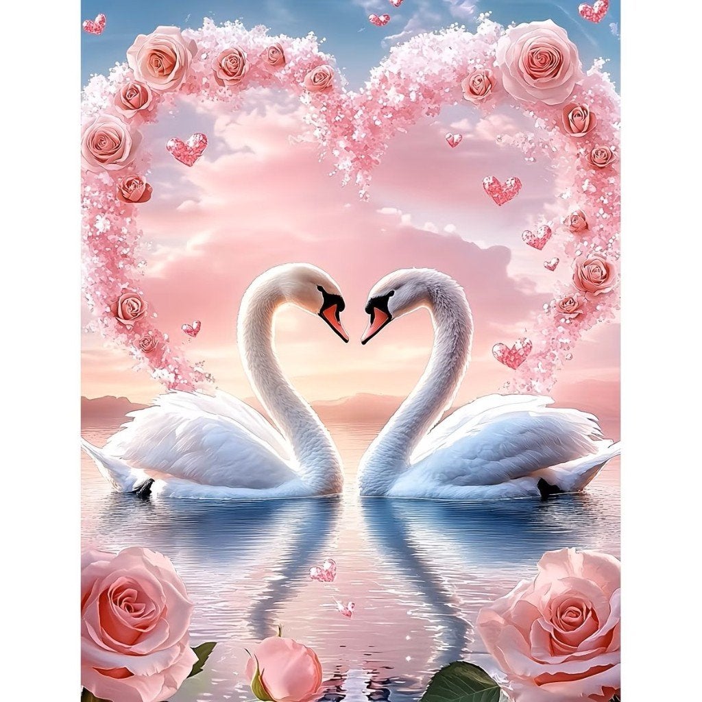 50x40cm Diamond Painting Zwanen in hart (vierkant) nr 48, Verzenden, Nieuw, Dieren, Diamond painting