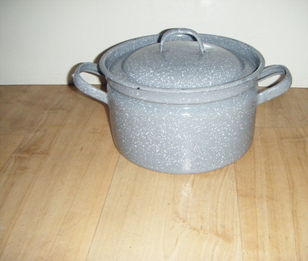 Oude grijs emaille pan,izgst,kookpan,soeppan,geen pfas!, Ophalen of Verzenden