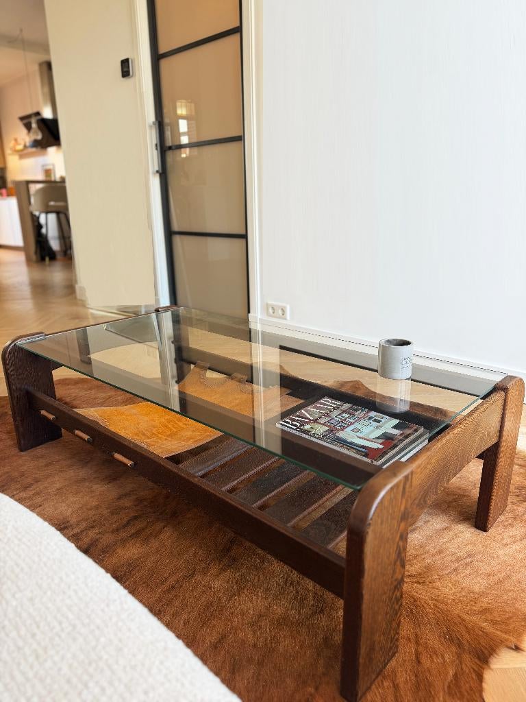 Vintage Mid-Century glazen salontafel – Wengé hout & leer, Ophalen, Gebruikt, 100 tot 150 cm, 50 tot 100 cm