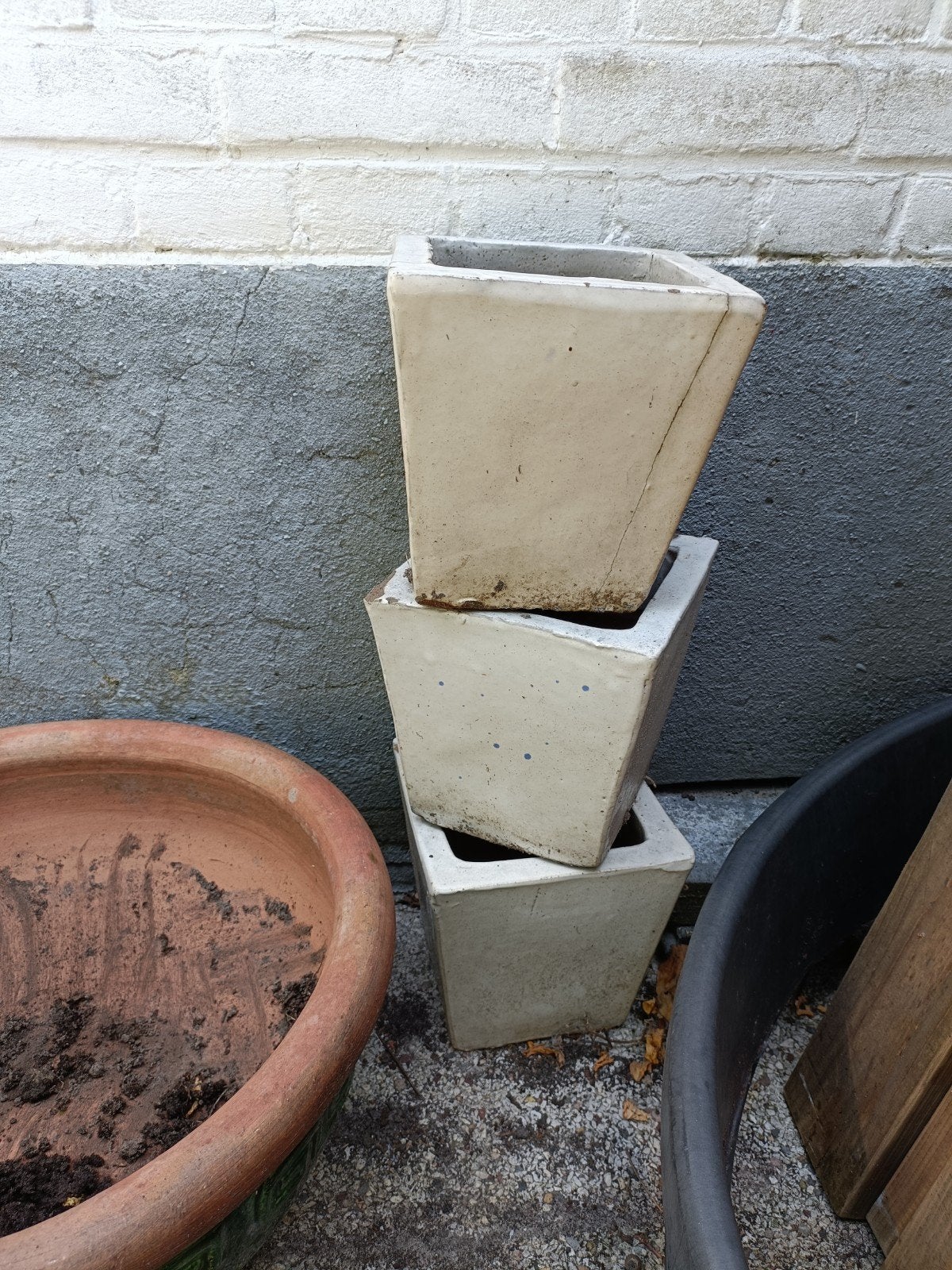 3 witte vierkante stenen bloempotten, Ophalen, Steen, Gebruikt, Minder dan 30 cm