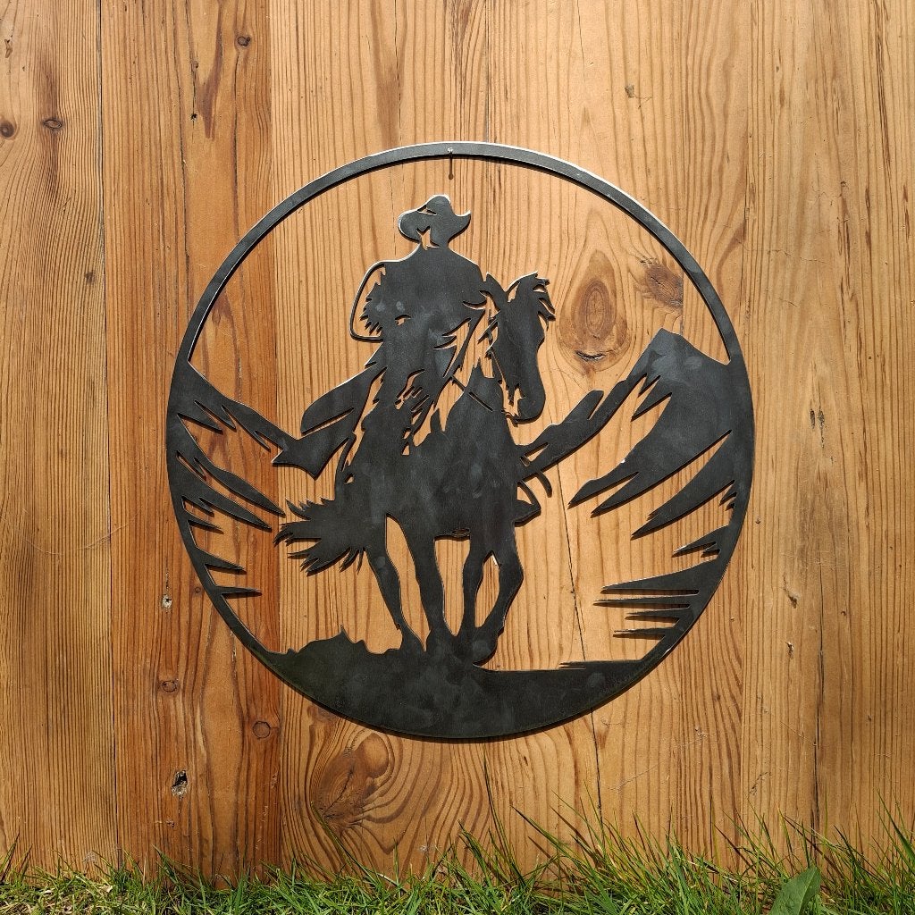 Cowboy op paard - Cortenstaal wanddecoratie, Western, Metaal, Wandsculptuur
