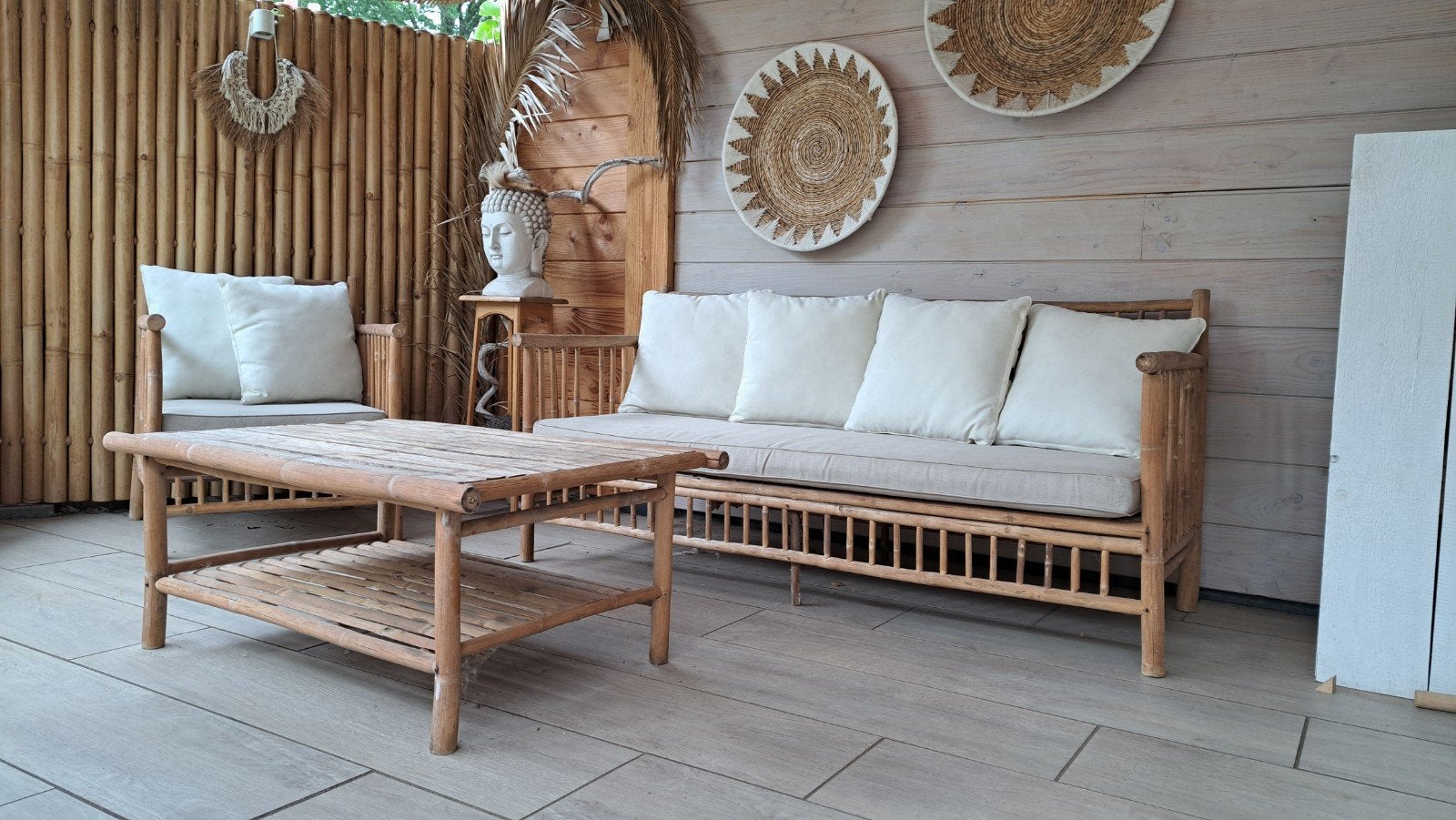 Mooie bamboe tuinset Exotan met all weather kussens, Ophalen, 4 zitplaatsen, Gebruikt, Bank
