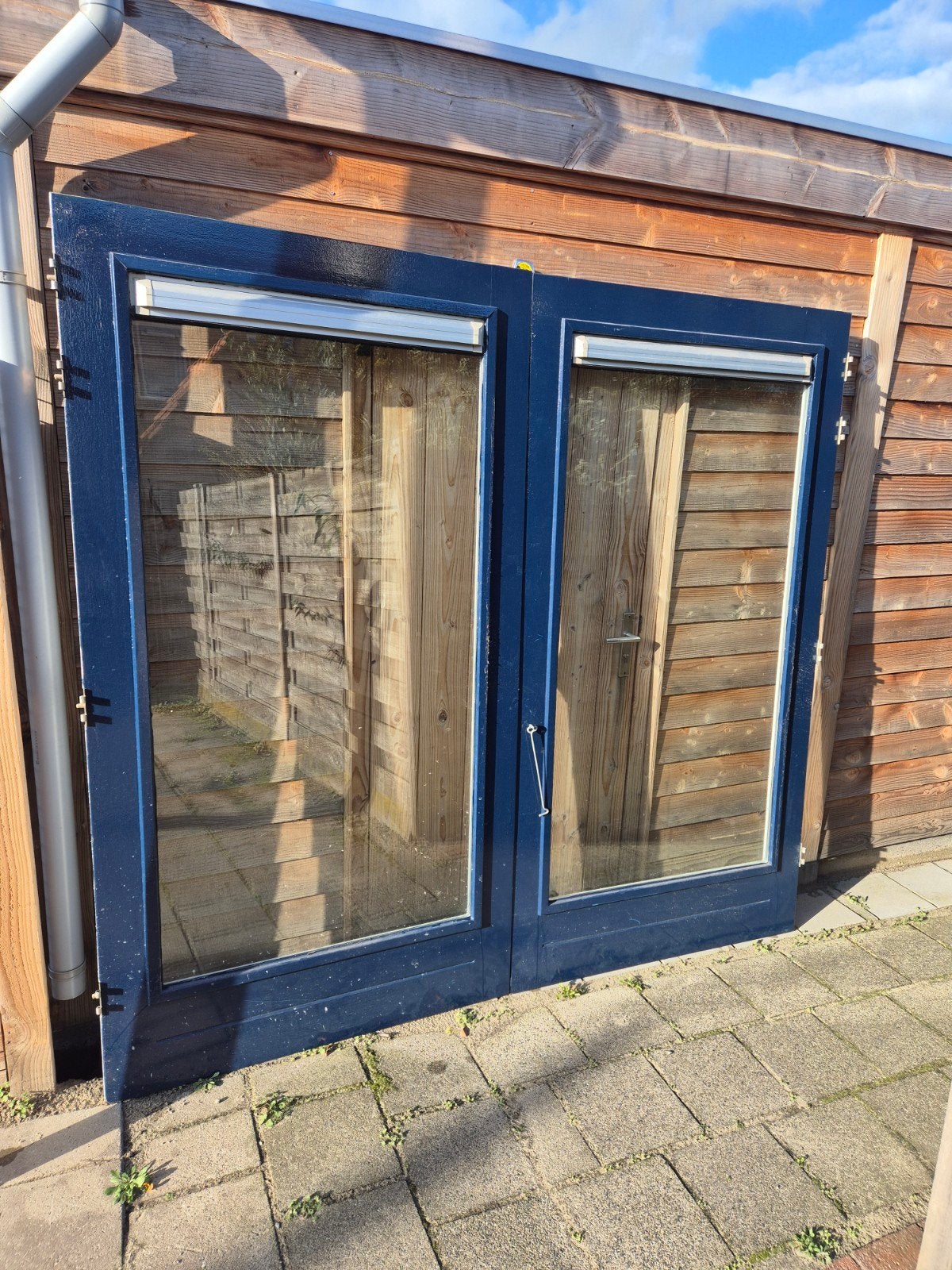 Hardhouten dubbele tuindeuren. 230x214.5cm. Dubbelglas., Doe-het-zelf en Verbouw, Ophalen, Gebruikt, 120 cm of meer, Buitendeur