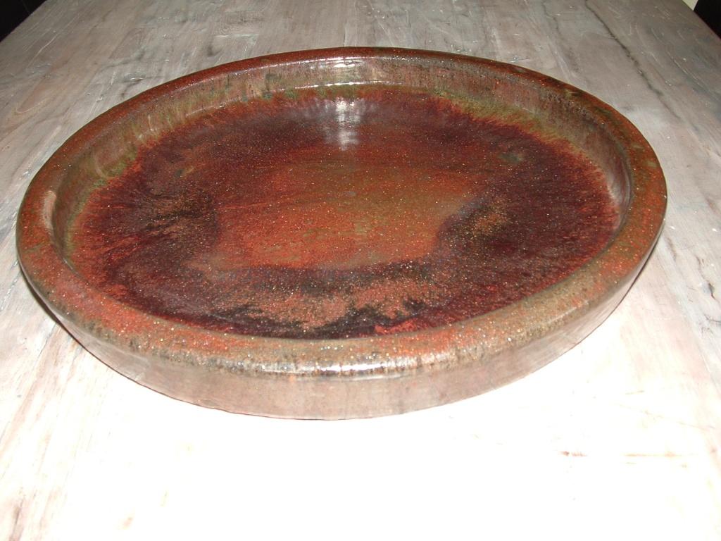 Prachtige ronde aardewerk schaal 47 cm glazuur bruin groen., Ophalen of Verzenden