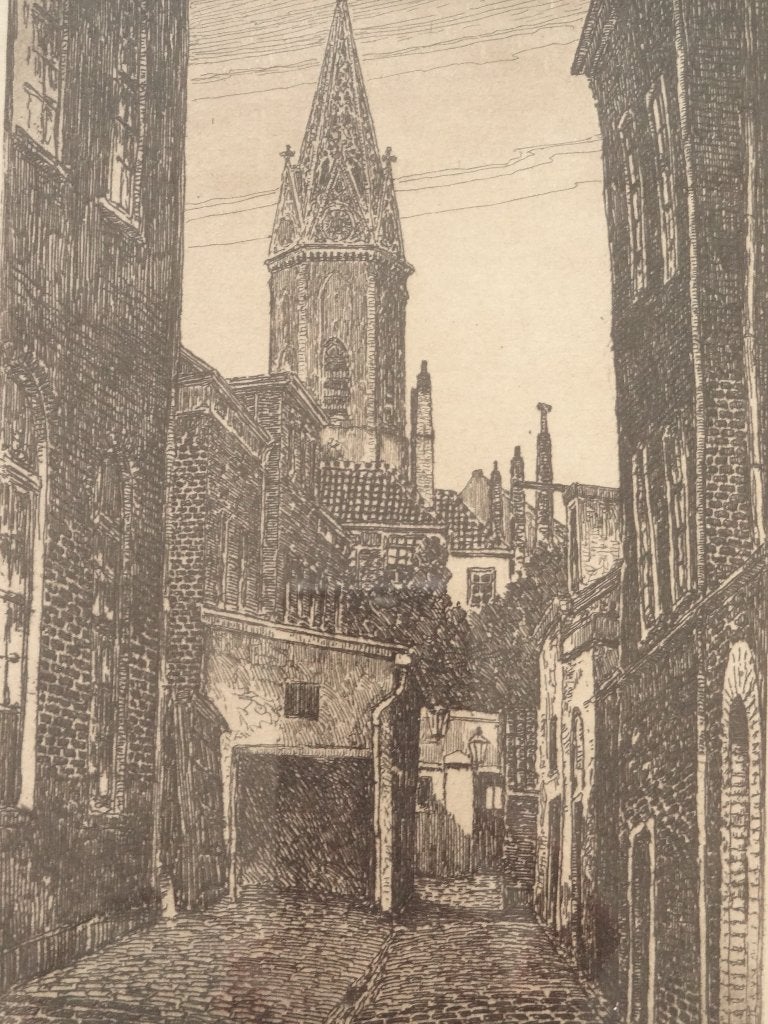 ets Jacobuskerk uit een steeg Den Haag, P. Matthes rond 1930, Antiek en Kunst, Ets, Architectuur, Ophalen of Verzenden, Origineel